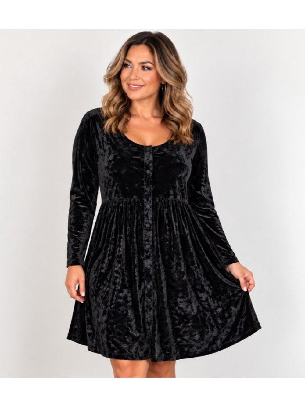 Vintage Carole Little Velvet Mini Shift Button Down Dress Long Sleeve